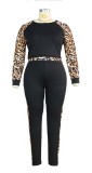 Plus Size Leopard Patchwork Long Sleeve O-Neck Top and Pant Two Piece Set