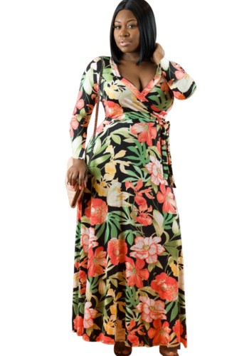 Plus Size Floral Print Long Sleeve V-Neck Maxi Dress