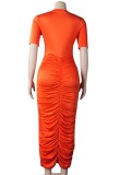 Orange-Red Short Sleeve O-Neck Crop Top and Ruched Long Dress Two Piece Set