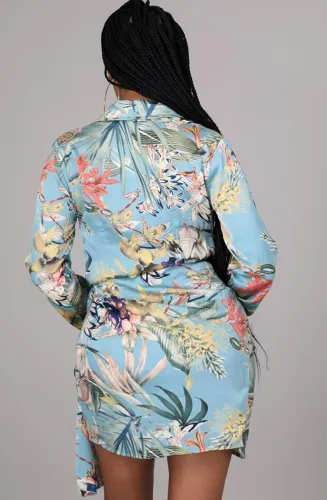 Floral Print Green Long Sleeve Wrap Mini Dress with Belt