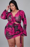 Plus Size Floral Purple Knotted Flare Sleeve Crop Top and Ruched Mini Skirt Two Piece Set