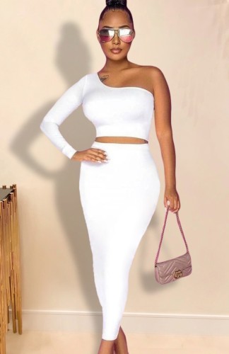 White One Shoulder Crop Top and Long Matching Dress Two Piece Set