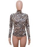 Leopard High Neck Long Sleeve Bodycon Top
