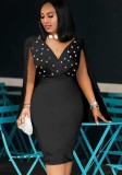 Black Beaded Sleeveless V-Neck Skinny Dress with Cape
