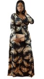 Plus Size Leaf Print Long Sleeve V-Neck Maxi Dress