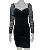 Black Strapless Mesh Sleeve Ruched Mini Tunic Dress