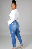 Dark Blue Ripped Distressed Knee-exposed High Waist Bodycon Jeans