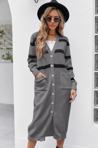 Grey Stripes Button Open Long Sweater Cardigans with Pockets