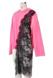 Black Irregular Lace Pink Long Sleeves Hoody Top