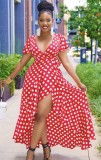 Red Polka Dot V-Neck Wrap Short Sleeve Slit Maxi Dress