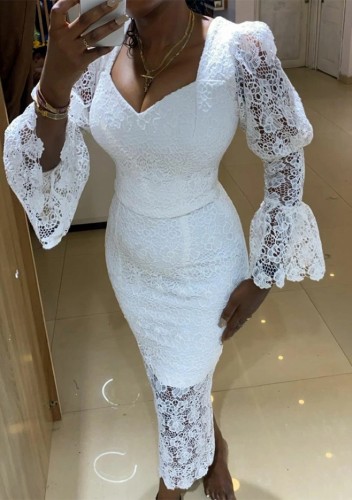 White Lace Puff Long Sleeve Long Bodycon Dress