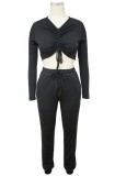 Black Ruched Long Sleeves Strings Bodycon Crop Top and Pants Two Piece Set