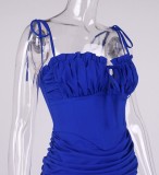Blue Ruffle Cami Crop Top and Ruched Mini Skirt Two Piece Set