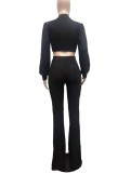 Black Puff Sleeve Crop Top and High Waist Pants Two Piece Set