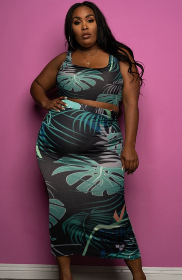 Plus Size Leaf Print Tank Crop Top and Long Dress Two Piece Set