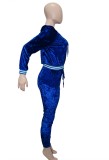 Blue Velvet Long Sleeves Drawstring Hoody Top and Pants Two Piece Set