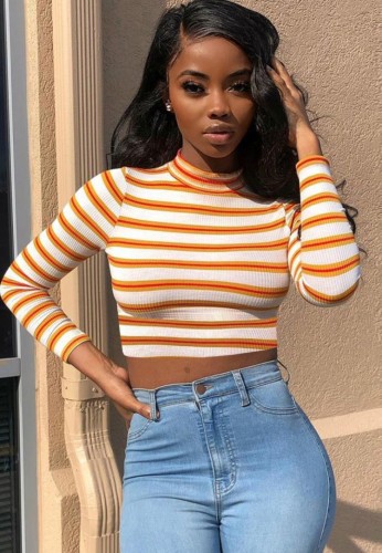 Casual Yellow Stripe Stand Collar Long Sleeve Crop Top