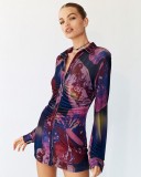 Print Purple Long Sleeve Skinny Short Blouse Dress