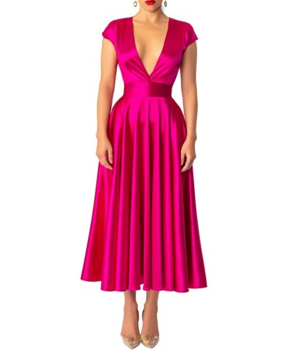 Rose Satin Deep-V Long Shirring Dress