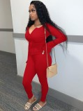 Red Zipper Up Long Sleeve O-Neck Top and Pants Two Piece Set
