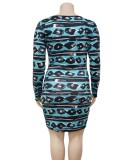 Plus Size Print Blue Hollow Out Long Sleeves O-Neck Midi Bodycon Dress