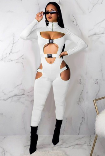 White Cut Out Buckle Turtleneck Long Sleeve Skinny Jumpsuit