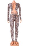 Leopard Print Cut Out Lace Up Long Sleeve Fitted Jumpsuit