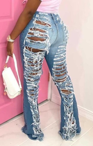Blue Ripped Distressed Flare Jeans