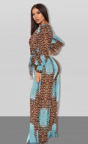 Leopard Print Blue V-Neck Puff Sleeve Wrap Loose Jumpsuit with Belt