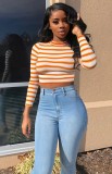 Casual Yellow Stripe Stand Collar Long Sleeve Crop Top