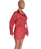 Red Stripes Button Up Long Blouse and Shorts Two Piece Set