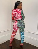 Multicolor Camou Print Long Sleeves O-Neck Top and Pants Two Piece Set