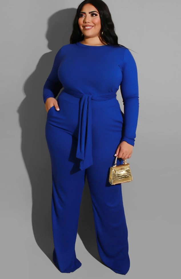 Plus Size Blue Long Sleeve O-Neck Belted Top and Pant Two Piece Set