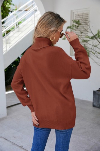 Brown Turndown Collar Drop Shoulder Long Sleeves Pullover Sweater