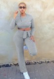 Grey Long Sleeves O-Neck Crop Top and Pants Two Piece Set