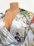 Floral Print White Long Sleeve Wrap Mini Dress with Belt