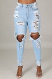 Light Blue Ripped Distressed Knee-exposed High Waist Bodycon Jeans