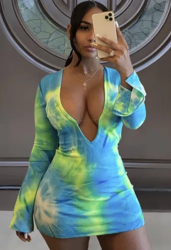 Tie Dye Deep-V Long Sleeve Mini Dress