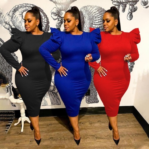 Blue Frill Long Sleeve O-Neck Midi Fitted Dress
