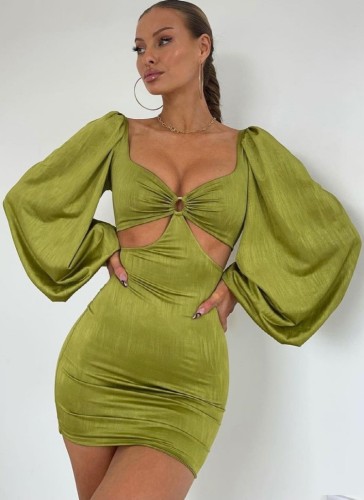 Green O-Ring Plunge Neck Puff Sleeve Cut Out Mini Dress