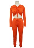 Orange Ruched Long Sleeves Strings Bodycon Crop Top and Pants Two Piece Set
