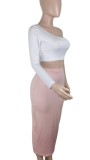 White One Shoulder Crop Top and Pink Long Dress Two Piece Set