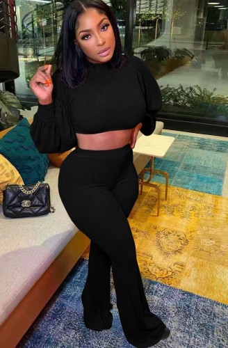 Black Puff Sleeve Crop Top and High Waist Pants Two Piece Set