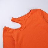 Orange Cut Out Long Sleeve Round Neck Tee