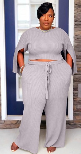 Plus Size Grey Slit Long Sleeve O-Neck Top and Wide Pant Two Piece Set