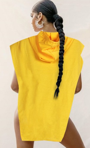 Yellow Hoody with Cap Sleeve Irregular Top