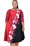 Plus Size Floral Print O-Neck A-Line Midi Dress