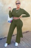 Green Long Sleeves O-Neck Crop Top and Pants Two Piece Set