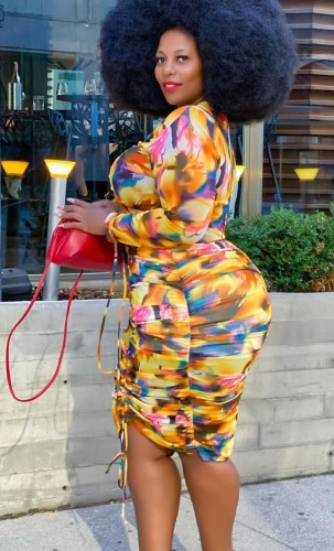 Plus Size Multicolor Drawstring Hollow Out Ruched Long Sleeve Skinny Midi Dress
