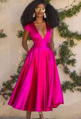 Rose Satin Deep-V Long Shirring Dress